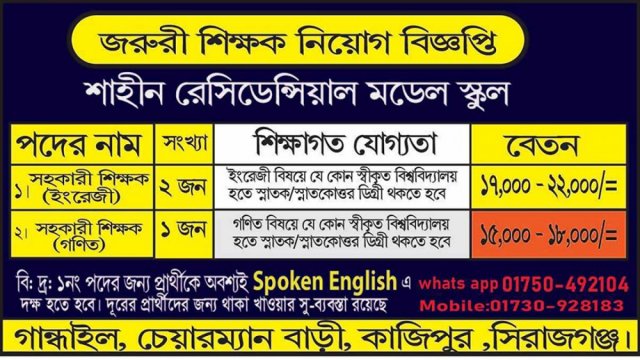 শাহীন রেসিডেনসিয়াল মডেল স্কুলে নিয়ােগ বিজ্ঞপ্তি