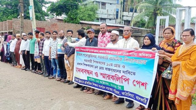 গ্রেড উন্নতিকরণের দাবিতে কাঠালিয়ায় প্রাথমিক শিক্ষকদের মানববন্ধন