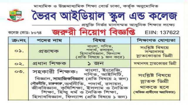 ভৈরব আইডিয়াল স্কুল এন্ড কলেজে নিয়ােগ বিজ্ঞপ্তি - দৈনিকশিক্ষা